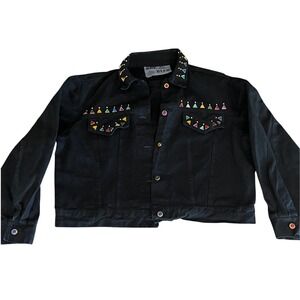 Boy Blue Black‎ Denim Jacket Jeweled Collar Large Pockets Black bling Western